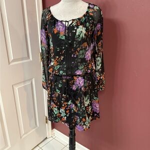 Jessica Simpson Floral Black Dress with Purple and Green Accents.
